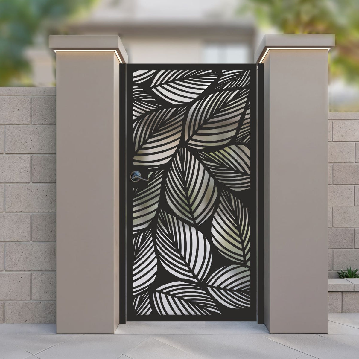 metal laser cut pedestrian garden gate featuring full coverage modern tropical leaf veined pattern