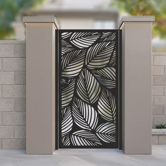 metal laser cut pedestrian garden gate featuring full coverage modern tropical leaf veined pattern