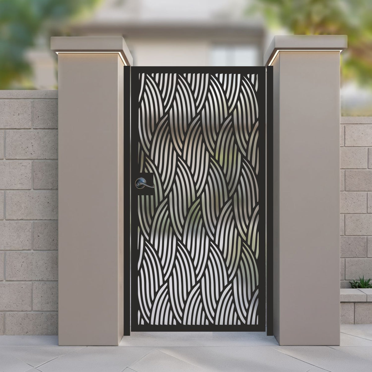 metal laser cut pedestrian garden gate featuring full coverage vertical herringbone wave and woven plume pattern