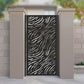 Black metal laser cut pedestrian garden gate featuring full coverage organic zebra stripe and tiger print wave pattern