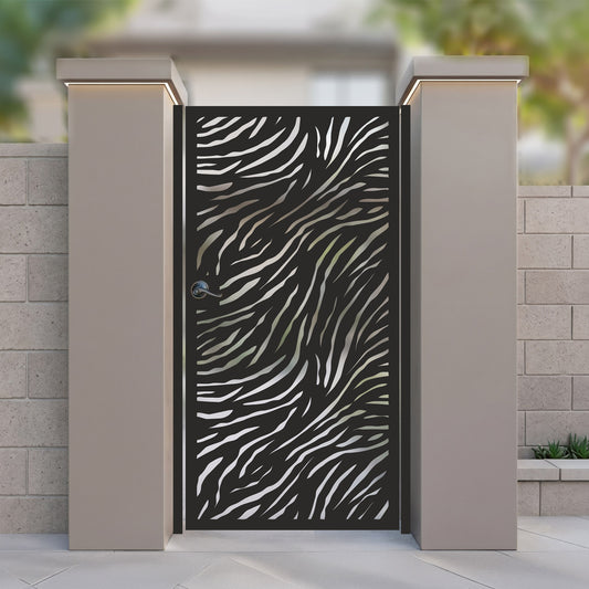 Black metal laser cut pedestrian garden gate featuring full coverage organic zebra stripe and tiger print wave pattern