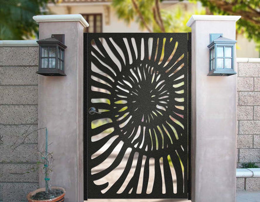 Textured metal laser cut pedestrian garden gate featuring full coverage nautilus shell spiral swirl pattern