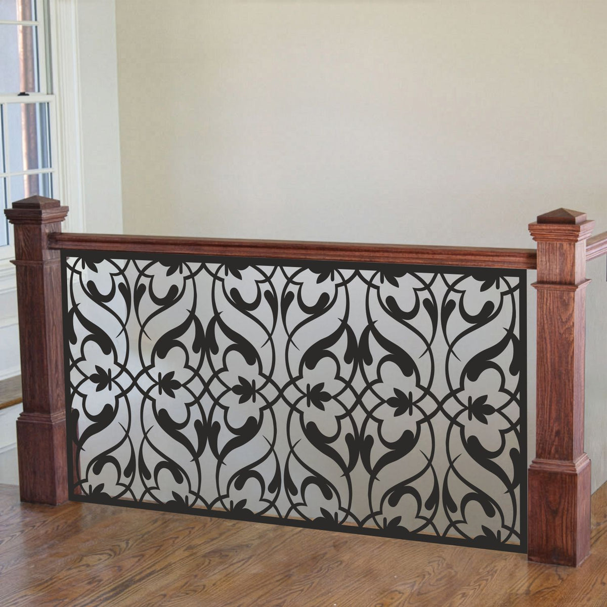 Black decorative laser cut metal indoor stair railing insert panel with ornate damask scroll fence pattern