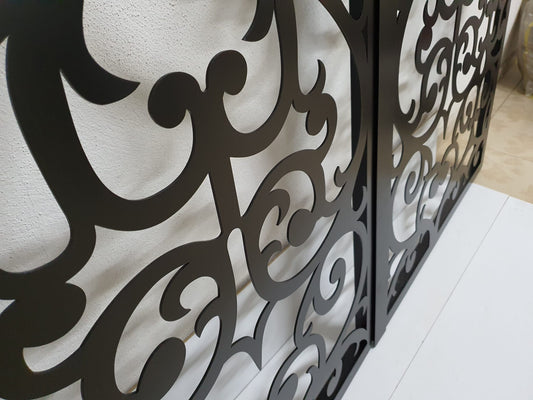 Matte black powder coated laser cut metal double driveway gate featuring ornate baroque scrollwork pattern