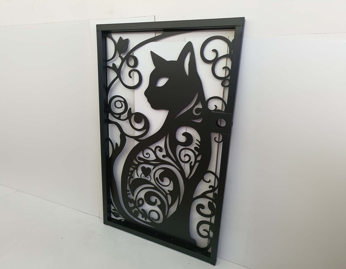 Laser cut metal pedestrian gate featuring ornate cat silhouette pattern