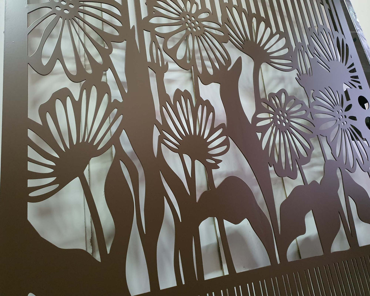 Matte brown powder coated laser cut metal pedestrian garden gate with arched top frame