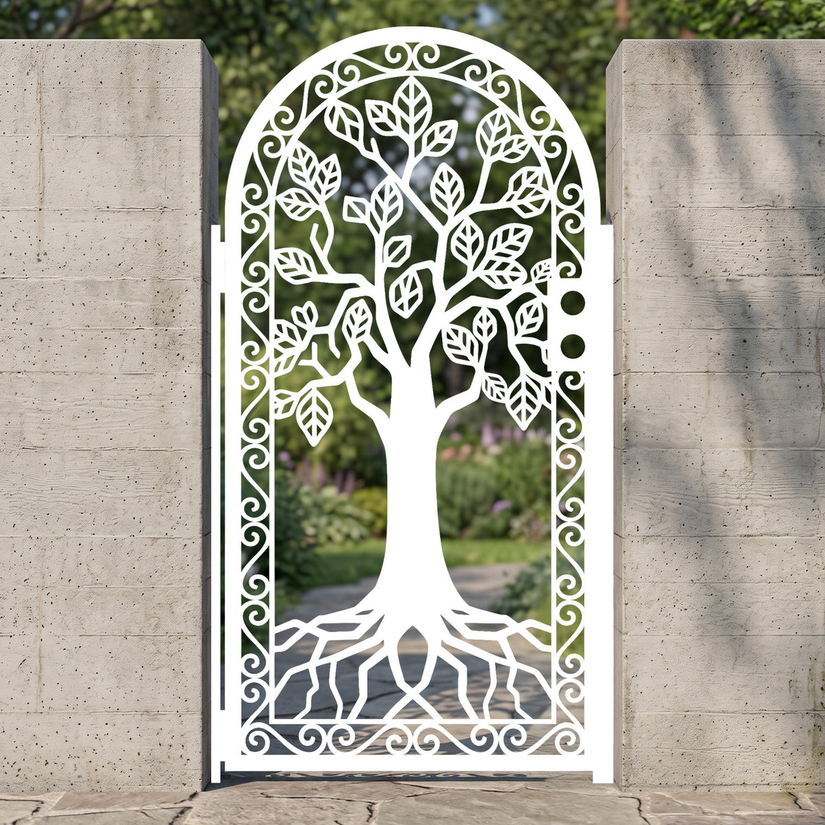 laser cut metal garden gate featuring tree of life design with roots and leaves