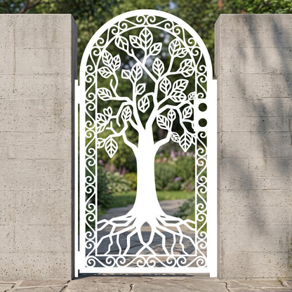 laser cut metal garden gate featuring tree of life design with roots and leaves