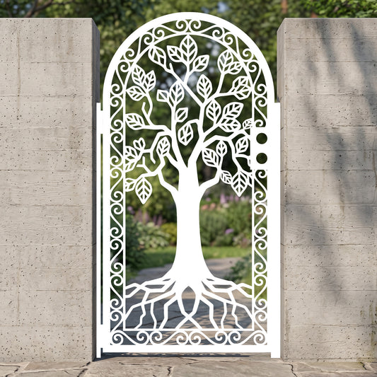 laser cut metal garden gate featuring tree of life design with roots and leaves