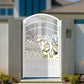 White metal laser cut pedestrian garden gate with arched top frame featuring central daisy flower garden pattern and vertical slatted bars