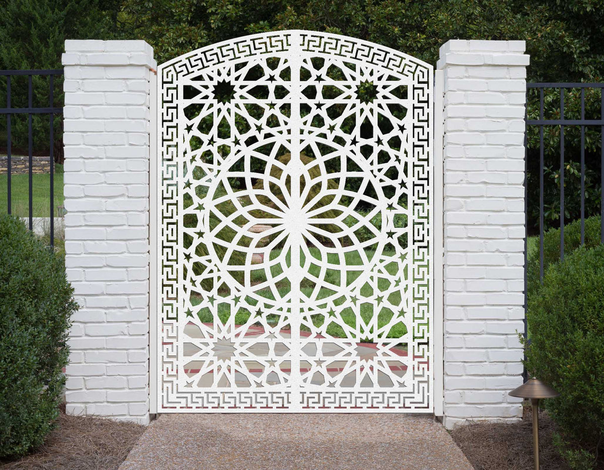 White powder coated laser cut metal pedestrian garden gate featuring arched top frame with Islamic geometric star pattern and Greek key border