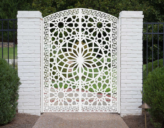 White powder coated laser cut metal pedestrian garden gate featuring arched top frame with Islamic geometric star pattern and Greek key border