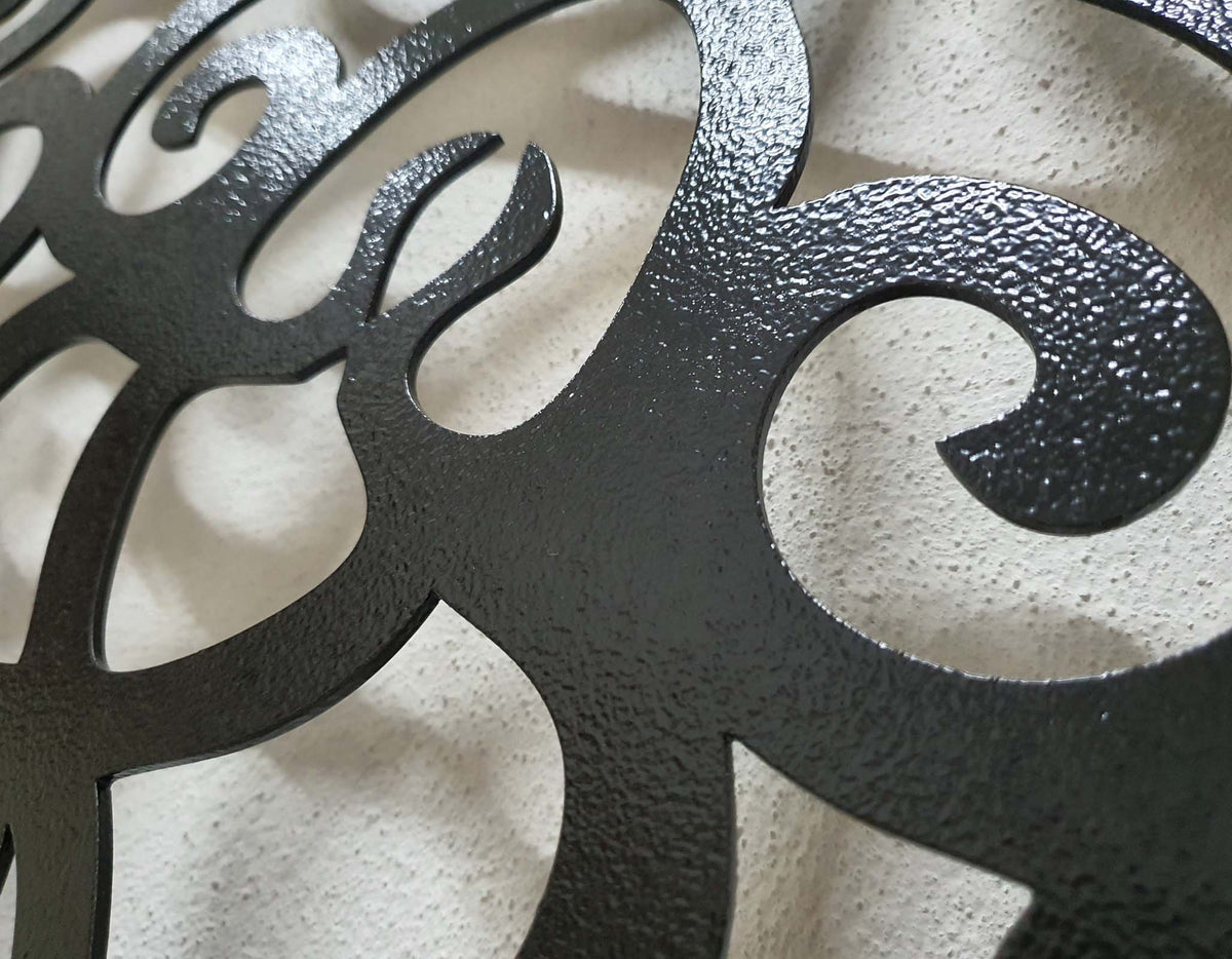 Black Wrinkle shiny powder coated laser cut metal pedestrian garden gate featuring arched top with ornate mandala floral