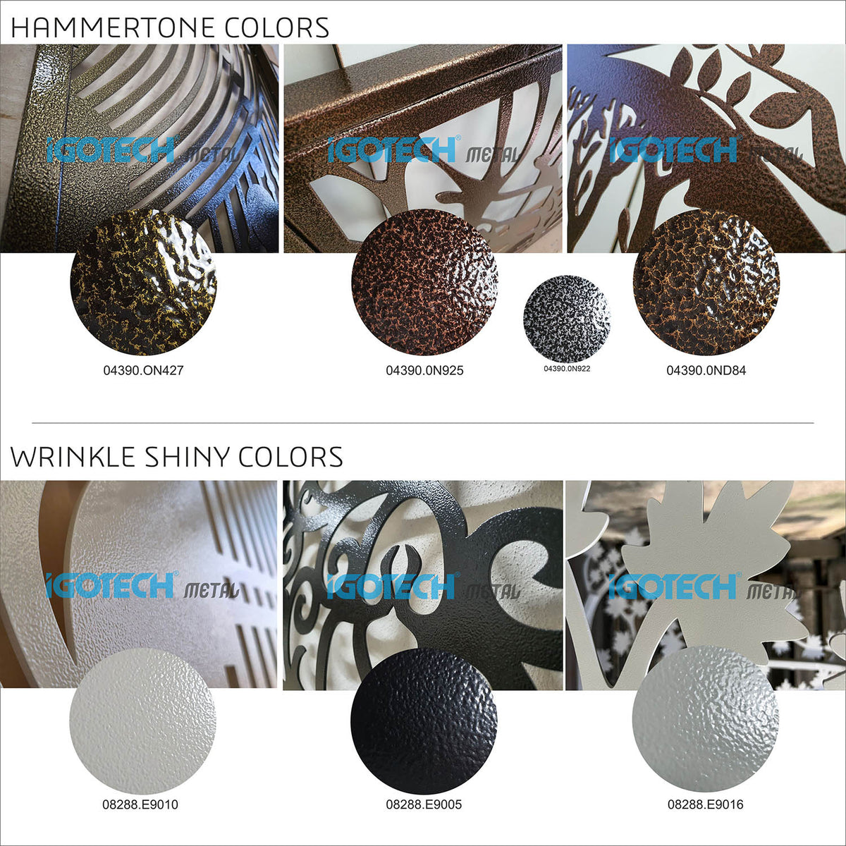 Color chart for Hammerstone and Wrinkle Shiny powder coating finishes, featuring textured and glossy metal color codes.
