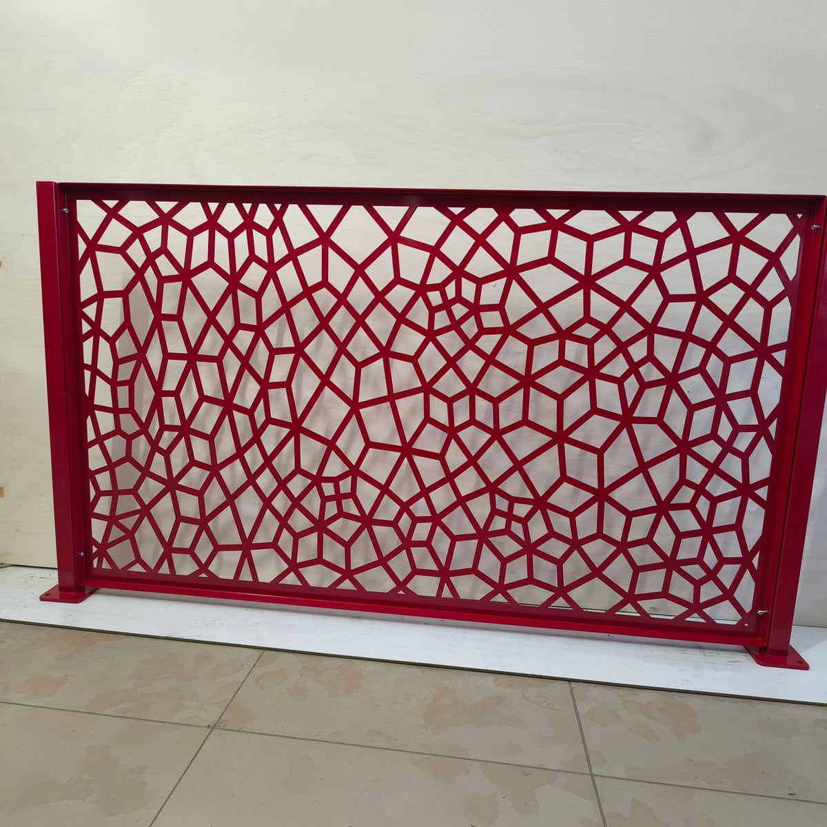 Honeycomb Voronoi decorative metal privacy screen and fence panel with bolted steel frame and flange base posts