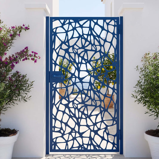 Custom steel pedestrian gate with lever handle and lockable latch in modern side yard