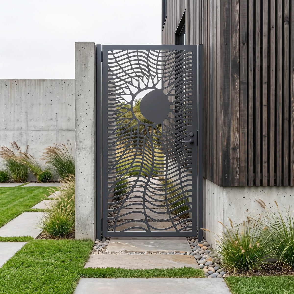 Laser cut metal garden gate with a sun and moon eclipse wavy pattern, powder-coated in matte anthracite gray, installed at a modern home side entrance.
