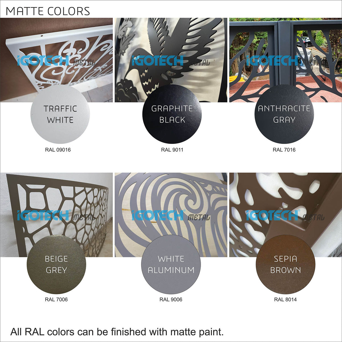 Matte RAL color chart featuring Traffic White, Jet Black, Anthracite Gray, Beige Grey, White Aluminum, and Sepia Brown powder coating finishes.