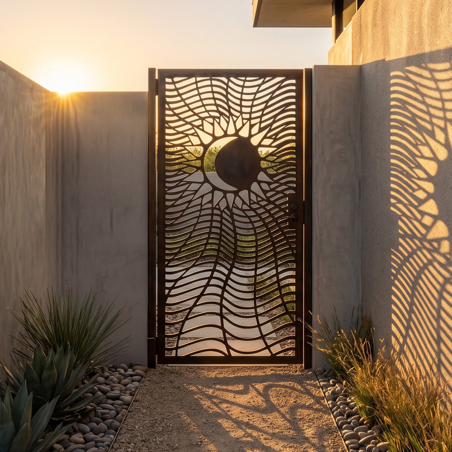 Celestial Sun and Moon Metal Garden Gate | Wavy Optical Illusion Laser Cut Door | Luxury Psychedelic Waves Outdoor Entrance | Architectural Eclipse Privacy Entry | M114