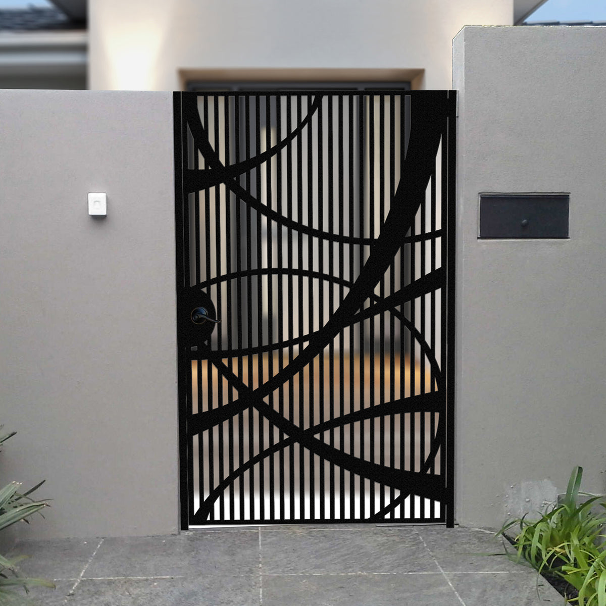 Modern black laser cut decorative metal pedestrian gate for residential entry
