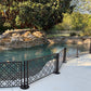 No drill dog pool fence with freestanding stainless steel post and laser cut panels
Tool free removable metal pool barrier for dogs on concrete pool deck
Moroccan pattern laser cut aluminum pool fence panel in bronze