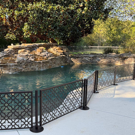 No drill dog pool fence with freestanding stainless steel post and laser cut panels
Tool free removable metal pool barrier for dogs on concrete pool deck
Moroccan pattern laser cut aluminum pool fence panel in bronze