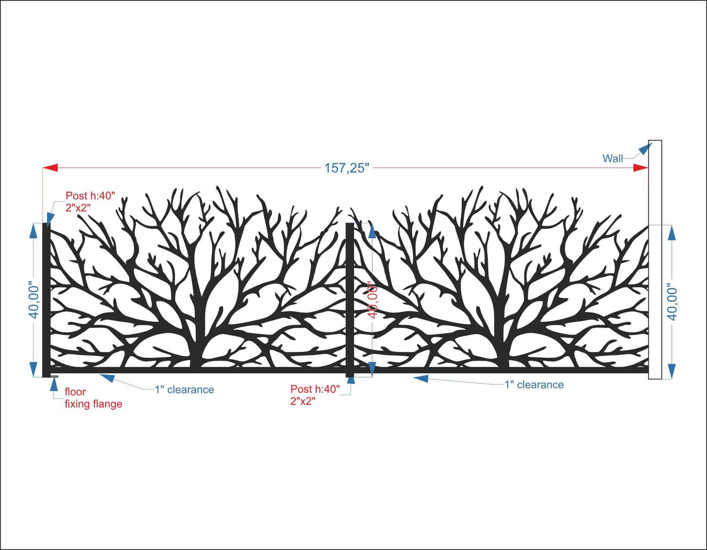 Custom privacy | Indoor-Outdoor panel | Fence Panel | Laser Cut | Balcony Railing | Metal Railing Panel | Metal Privacy Screen | Tree Panel, 158"x49"