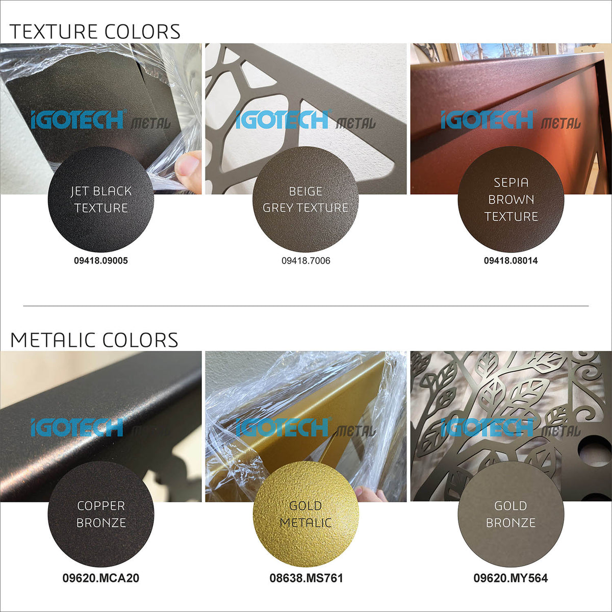 Color chart for Textured and Metallic powder coating finishes, including Jet Black Texture, Beige Grey Texture, Sepia Brown Texture, Copper Bronze, Gold Metallic, and Gold Bronze.