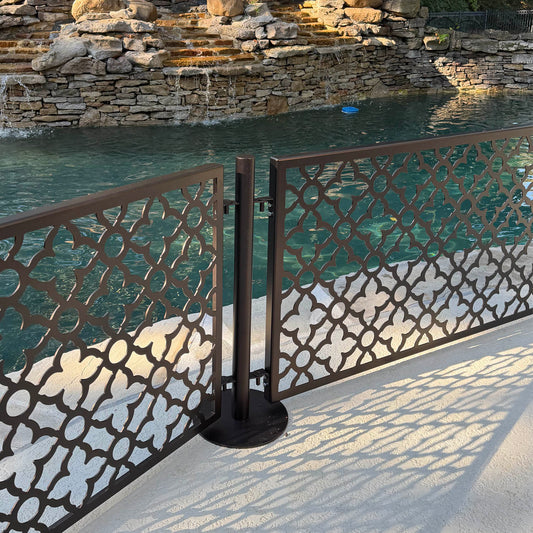 Tool free removable pool fence stainless steel post with round base and laser cut moroccan pattern panels